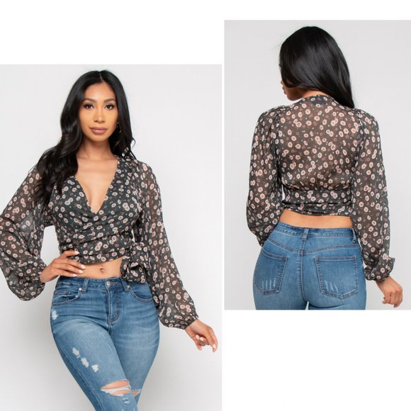 NWT Reset by Jane Floral Print LONG Sleeve Chiffon Wrap CROP TOP, S,M,L - Picture 3 of 4
